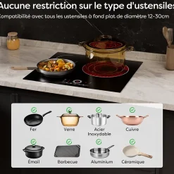 Plaque vitrocéramique 3 Feux Encastrable 5700W 9 Niveaux Minuterie 99 Min Commande Tactile Sécurité Enfant CDVER573 CDV