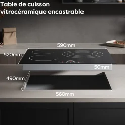 Plaque vitrocéramique 3 Feux Encastrable 5700W 9 Niveaux Minuterie 99 Min Commande Tactile Sécurité Enfant CDVER573 CDV