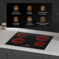 Plaque Vitrocéramique 4 Foyers Encastrable 6000W 9 Niveaux Minuterie 99 Min Commande Tactile Sécurité Enfant CDVER604 CDV