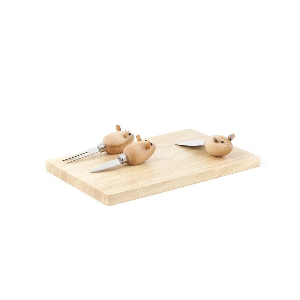 Plateau à fromages et 3 ustensiles Souris en Bois - Kikkerland