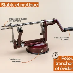 Épluche pomme, poire, 3 en 1, pèle, tranche, évide, avec ventouse - Rouge - Linxor