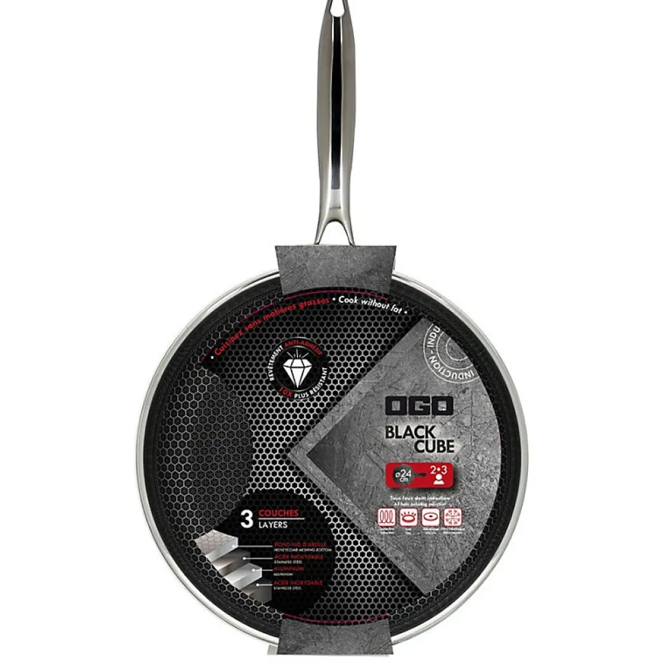 Poele sauteuse Ogo POELE BLACK CUBE 24 CM EN ACIER INOXYDABLE FOND NID D ABEILLE TOUS FEUX DONT INDUCTION