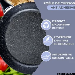 Poêle 24 cm fonte alu revêtement antiadhésif céramique sans PFAS Fackelmann