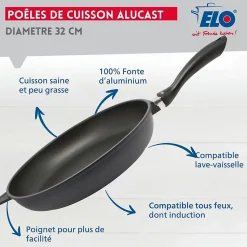 Poêle à frire 32 cm avec couvercle en verre sans PFAS Elo Alucast