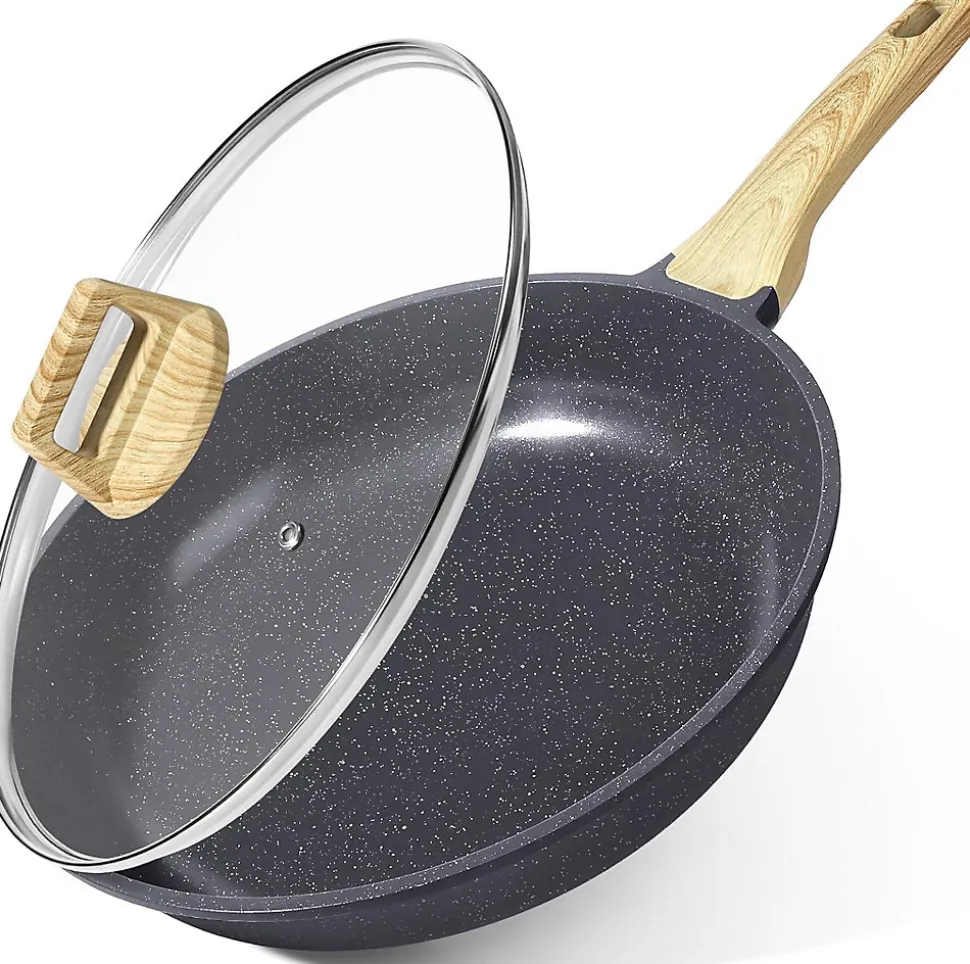 Poêle en céramique 24 cm antiadhésive avec couvercle noir marron