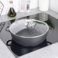 Poêle En Granit GRANDE 28 Cm Avec Couvercle En Verre Antiadhésive Pour Cuisiniers Domestiques Indispensable Aluminium Noir