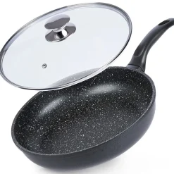 Poêle Granit GRANDE 28 cm Avec Couvercle En Verre Durable Antiadhésive Pour Cuisiniers Domestiques