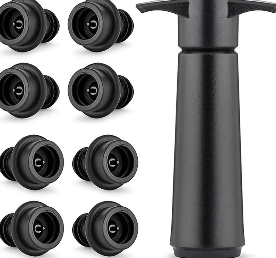 Pompe à Vide Vin Noire avec 8 Bouchons Silicone