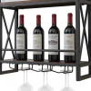 Porte Bouteille Mural à 2 Niveaux Casier à Vin Suspendu en Métal Antirouille avec 3 Rangées de Porte Gobelets Noir et Marron