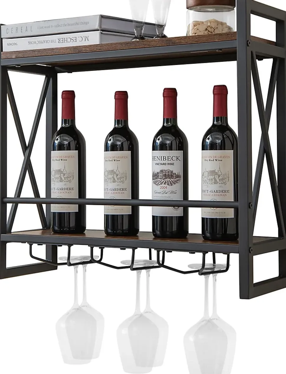Porte Bouteille Mural à 2 Niveaux Casier à Vin Suspendu en Métal Antirouille avec 3 Rangées de Porte Gobelets Noir et Marron