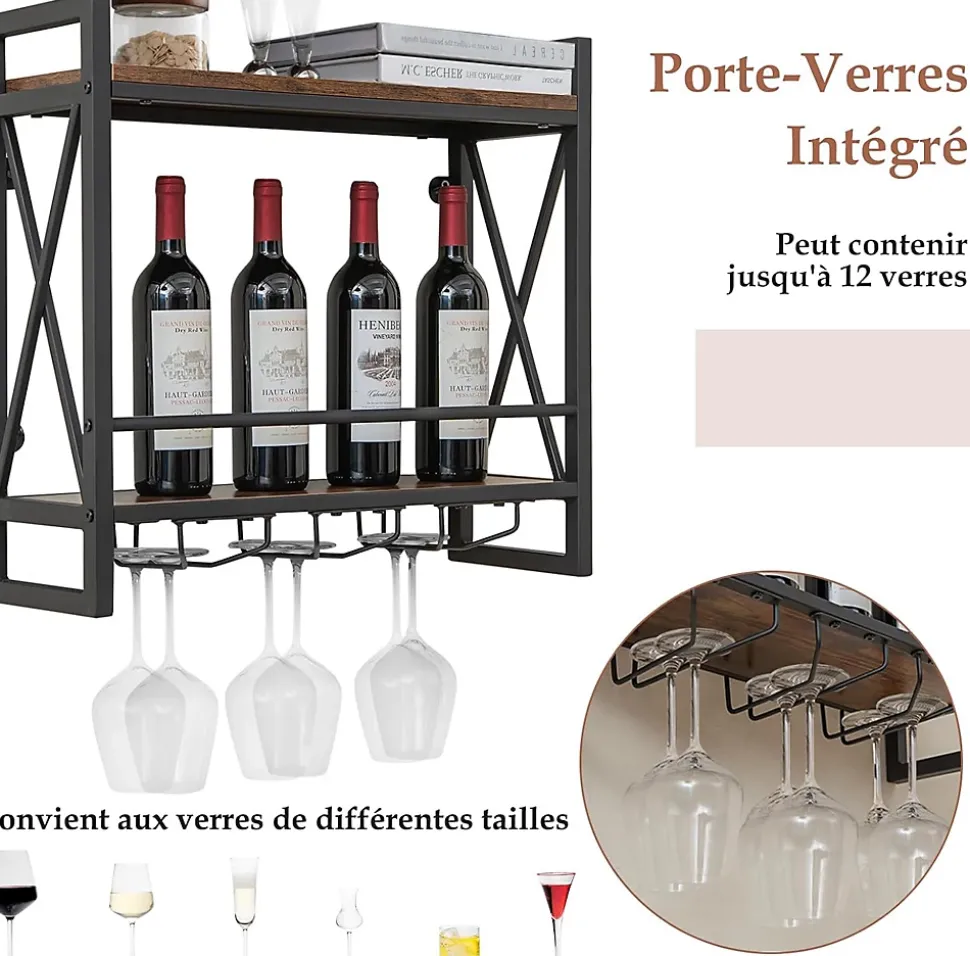 Porte Bouteille Mural à 2 Niveaux Casier à Vin Suspendu en Métal Antirouille avec 3 Rangées de Porte Gobelets Noir et Marron