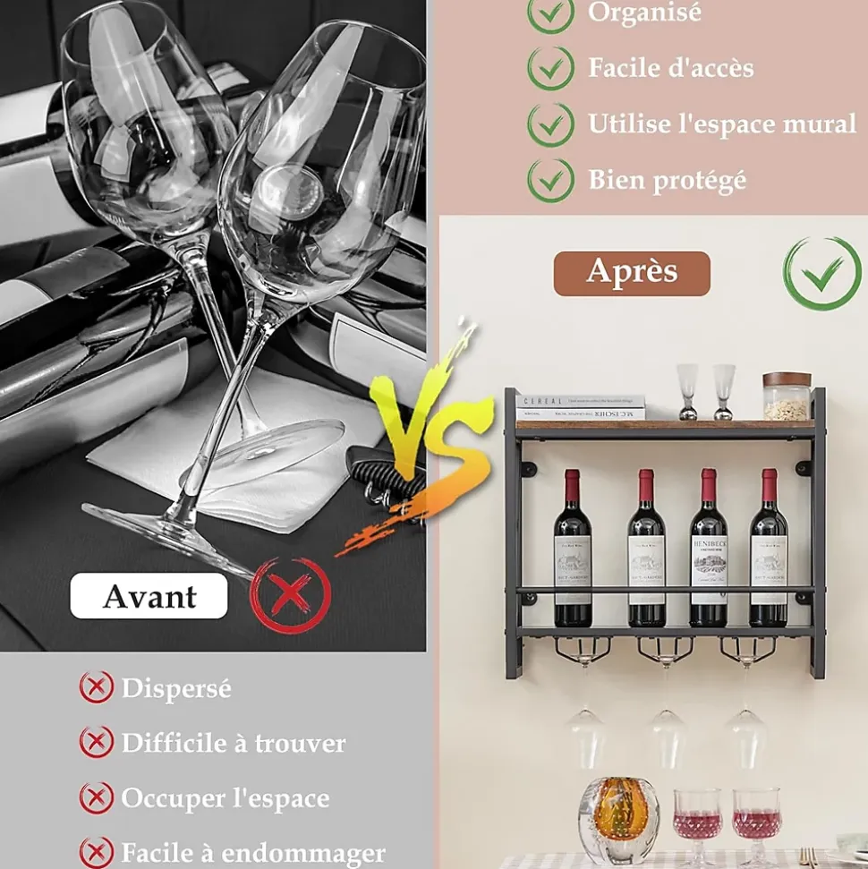 Porte Bouteille Mural à 2 Niveaux Casier à Vin Suspendu en Métal Antirouille avec 3 Rangées de Porte Gobelets Noir et Marron