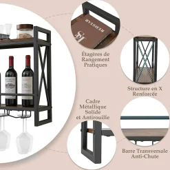 Porte Bouteille Mural à 2 Niveaux Casier à Vin Suspendu en Métal Antirouille avec 3 Rangées de Porte Gobelets Noir et Marron