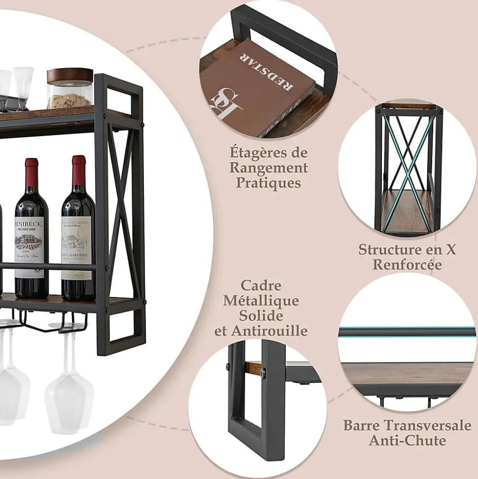 Porte Bouteille Mural à 2 Niveaux Casier à Vin Suspendu en Métal Antirouille avec 3 Rangées de Porte Gobelets Noir et Marron