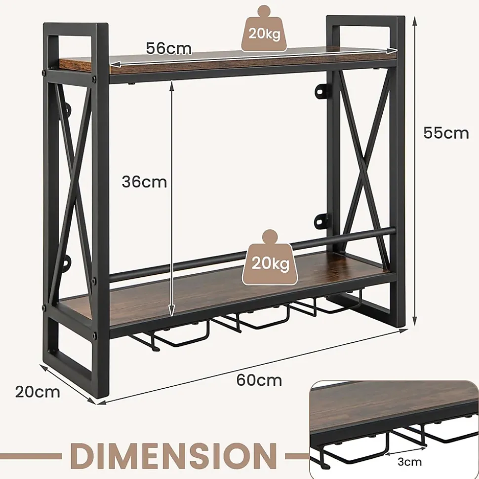 Porte Bouteille Mural à 2 Niveaux Casier à Vin Suspendu en Métal Antirouille avec 3 Rangées de Porte Gobelets Noir et Marron