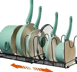 Porte Casseroles 2 en 1 avec 7 Compartiments Réglables pour Casseroles, Couvercles noir