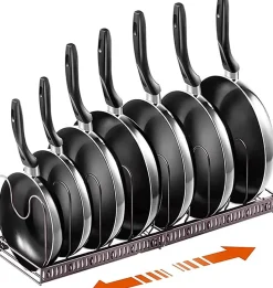 Porte Casseroles 2 en 1 avec 7 Compartiments Réglables pour Casseroles, Couvercles marron