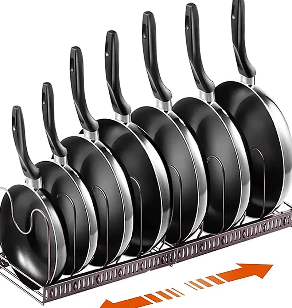 Porte Casseroles 2 en 1 avec 7 Compartiments Réglables pour Casseroles, Couvercles marron