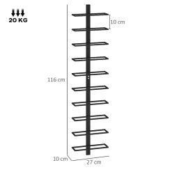 Porte-bouteilles mural 10 bouteilles - casier à vin mural - dim. 27 x 10 x 116 cm - acier noir