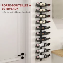 Porte-bouteilles mural 10 bouteilles - casier à vin mural - dim. 27 x 10 x 116 cm - acier noir