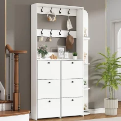 Portemanteau entrée 120x24x200 cm, 3 en 1, 8 crochets, 5 étagères, armoire chaussures - blanc