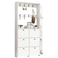 Portemanteau entrée 120x24x200 cm, 3 en 1, 8 crochets, 5 étagères, armoire chaussures - blanc