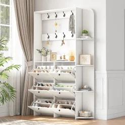 Portemanteau entrée 120x24x200 cm, 3 en 1, 8 crochets, 5 étagères, armoire chaussures - blanc