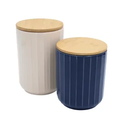 Pot en céramique cannelé bleu avec couvercle en bambou Box & Beyond
