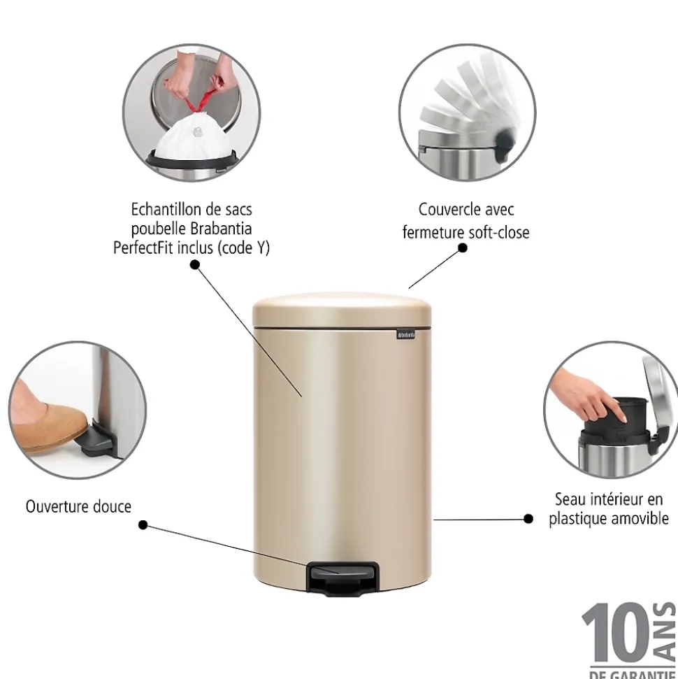 Poubelle à pédale coloris doré Brabantia NewIcon 20 L