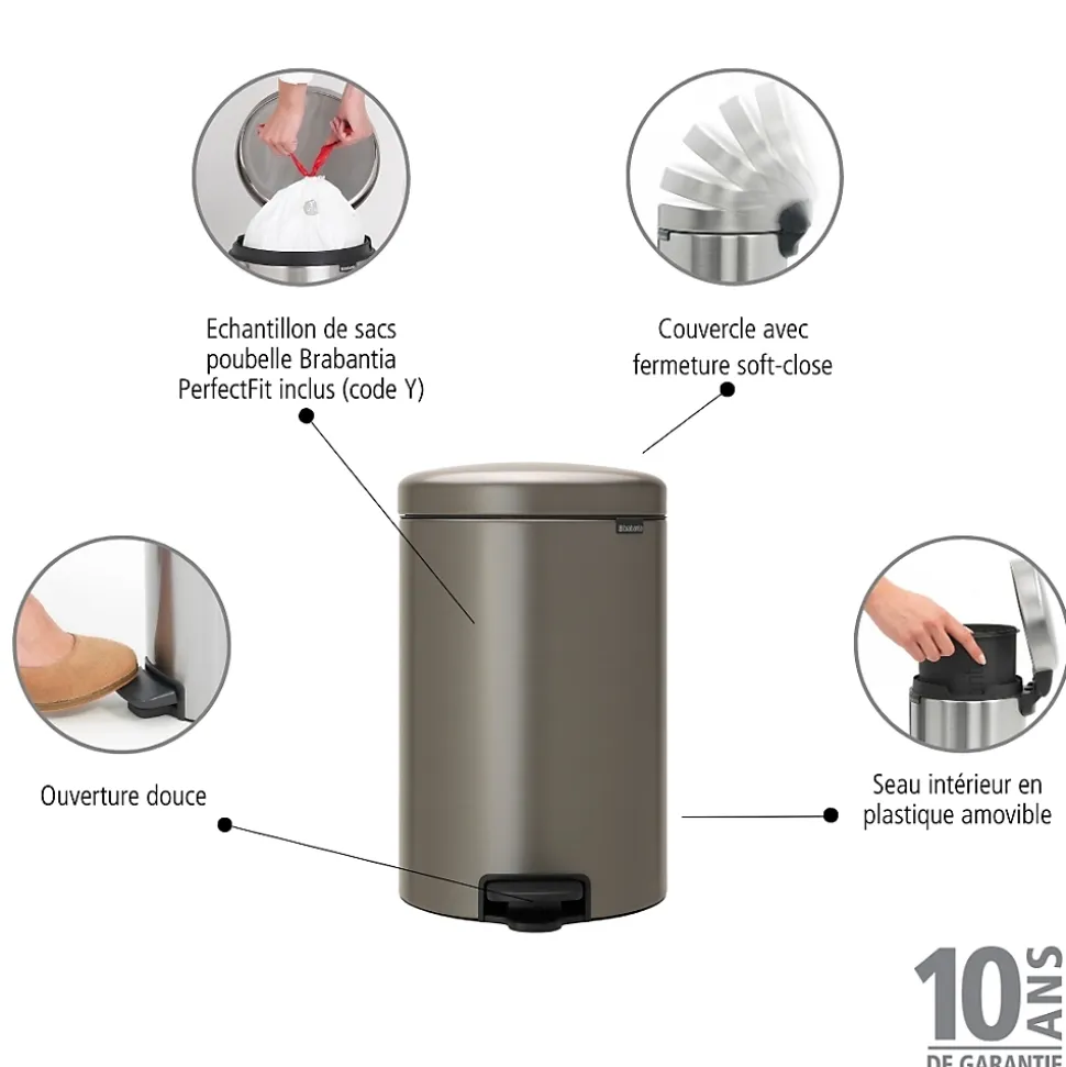 Poubelle à pédale coloris métal Brabantia NewIcon 20 L