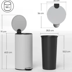 Poubelle à pédale compacte design 30L - seau intérieur amovible, couvercle fermeture douce - métal gris clair