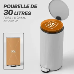 Poubelle à pédale compacte design 30L - seau intérieur amovible, couvercle fermeture douce - métal gris clair
