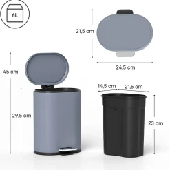 Poubelle à pédale compacte design 6L - seau intérieur amovible, couvercle fermeture douce - métal gris