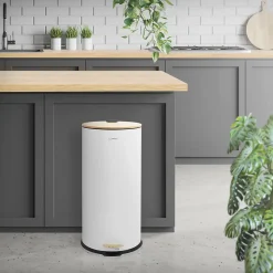 Poubelle à pédale ML-Design 30 L blanche en acier ronde couvercle en bambou fermeture silencieuse