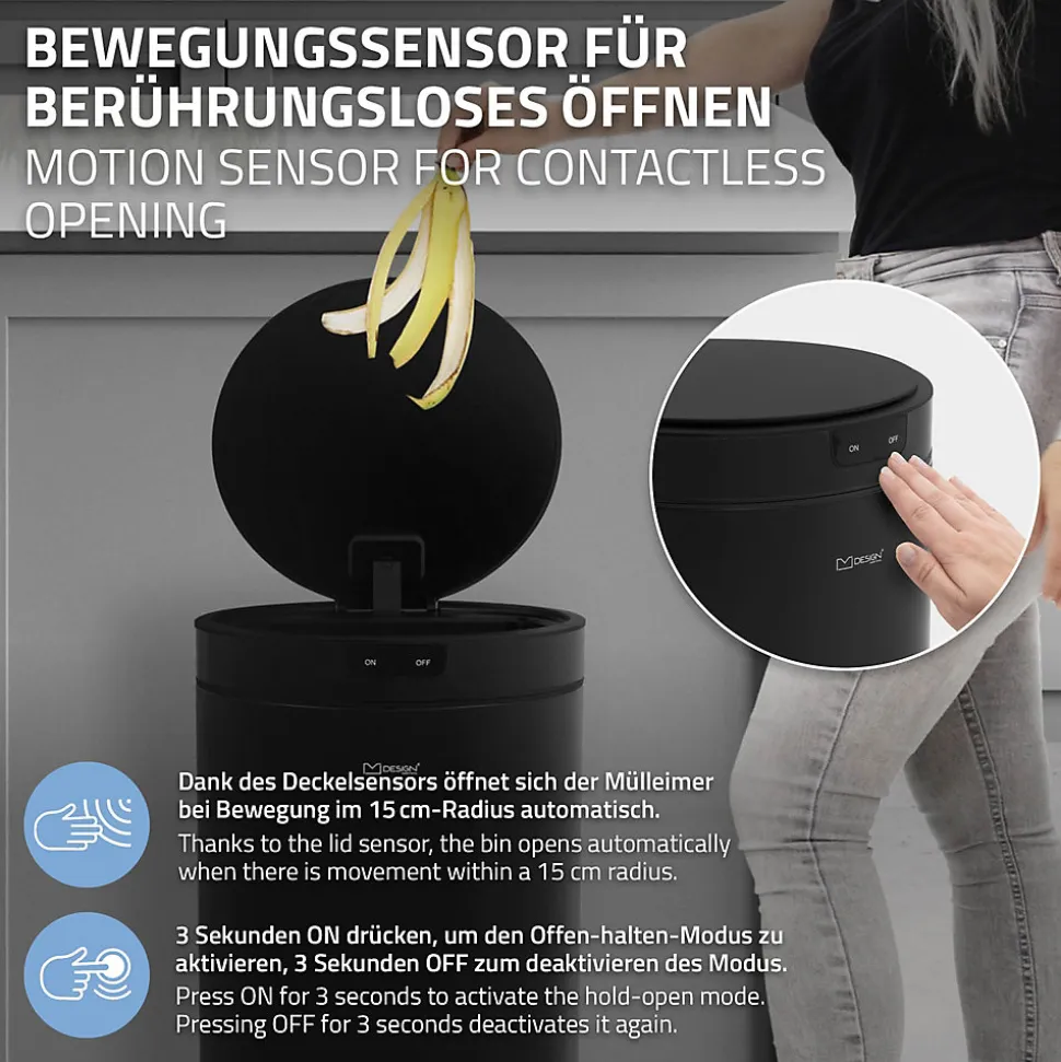 Poubelle automatique avec capteur ML-Design 30L noir aspect mat avec anneau de maintien pour sac