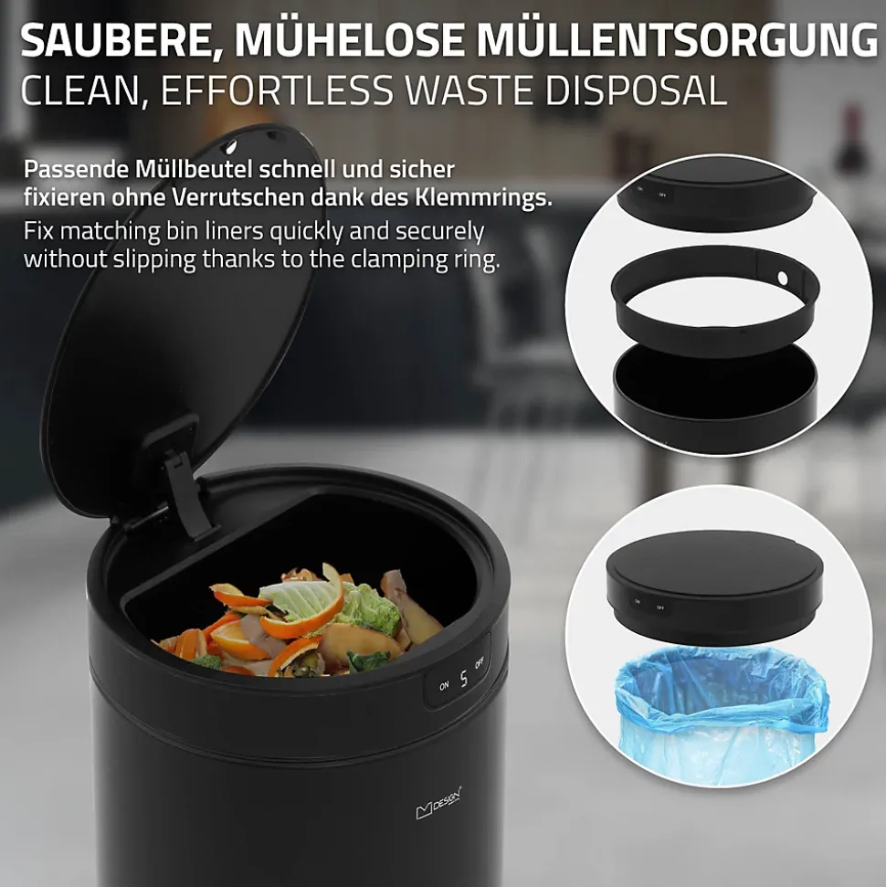 Poubelle automatique avec capteur ML-Design 30L noir aspect mat avec anneau de maintien pour sac