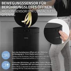 Poubelle automatique avec capteur ML-Design 40L noir aspect mat avec anneau de maintien pour sac