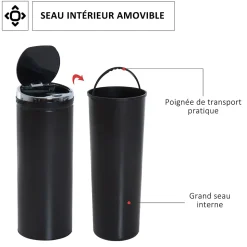Poubelle automatique détecteur de mouvement 50L bac amovible acier inox. noir