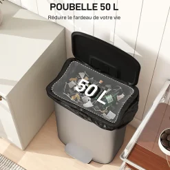 Poubelle cuisine à pédale 50L - seau intérieur amovible, filtre anti-odeurs, poignées - acier inox
