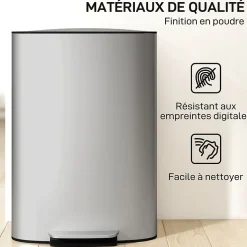 Poubelle cuisine à pédale 50L - seau intérieur amovible, filtre anti-odeurs, poignées - acier inox