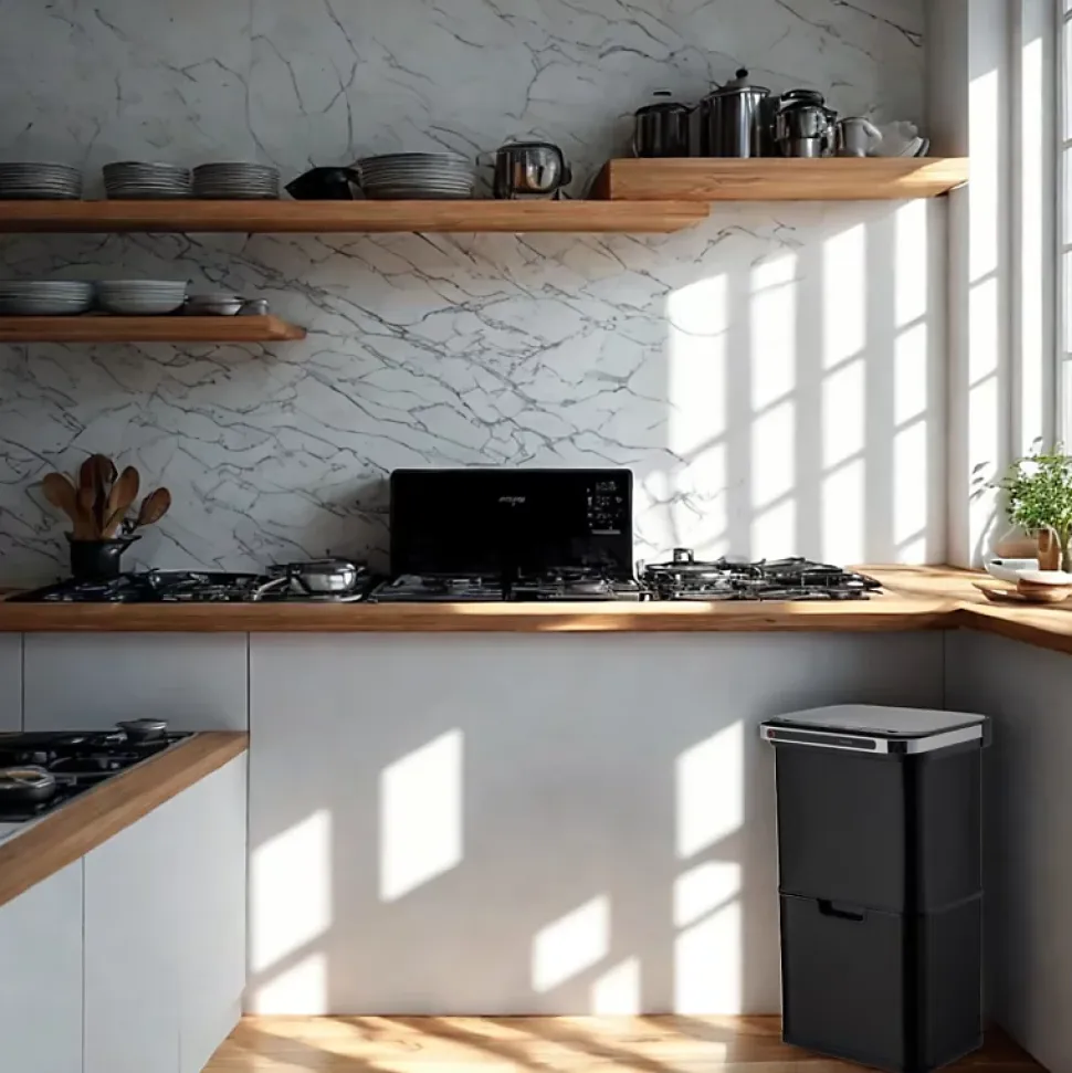 Poubelle cuisine automatique de tri à 4 compartiments - 60L - Noir mat - Piles ou batterie