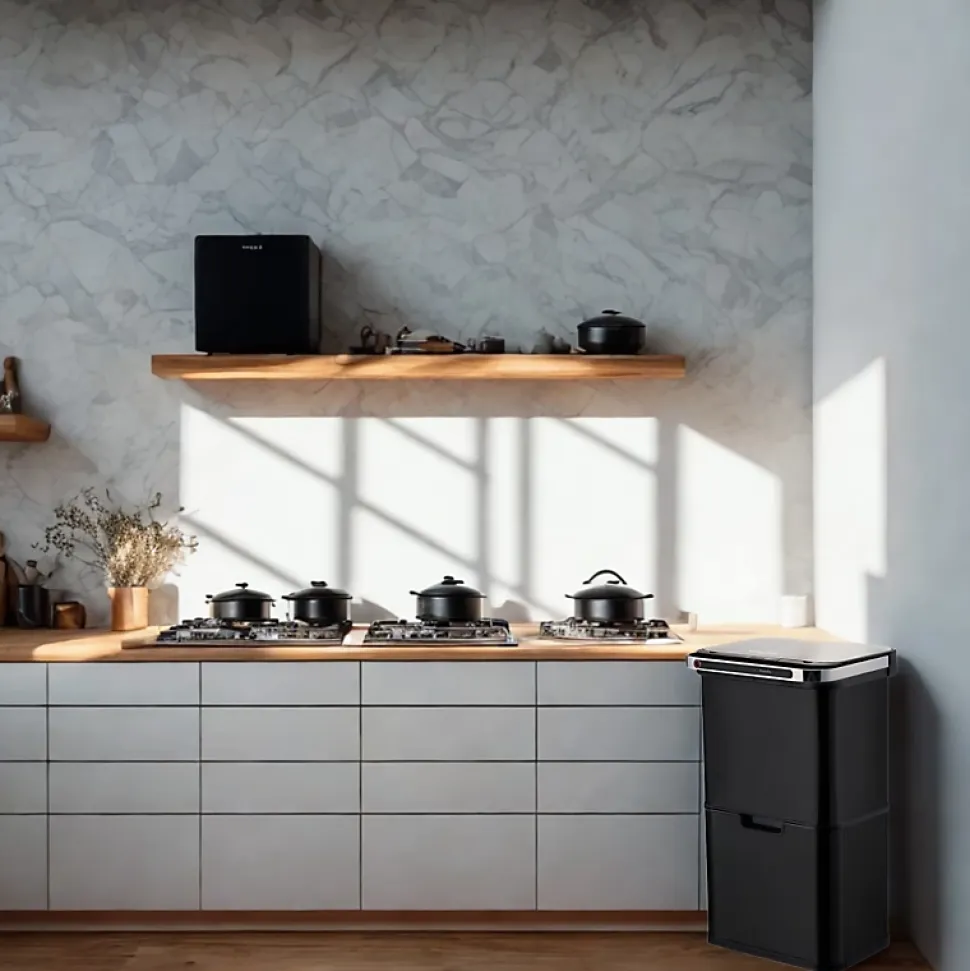 Poubelle cuisine automatique de tri à 4 compartiments - 60L - Noir mat - Piles ou batterie