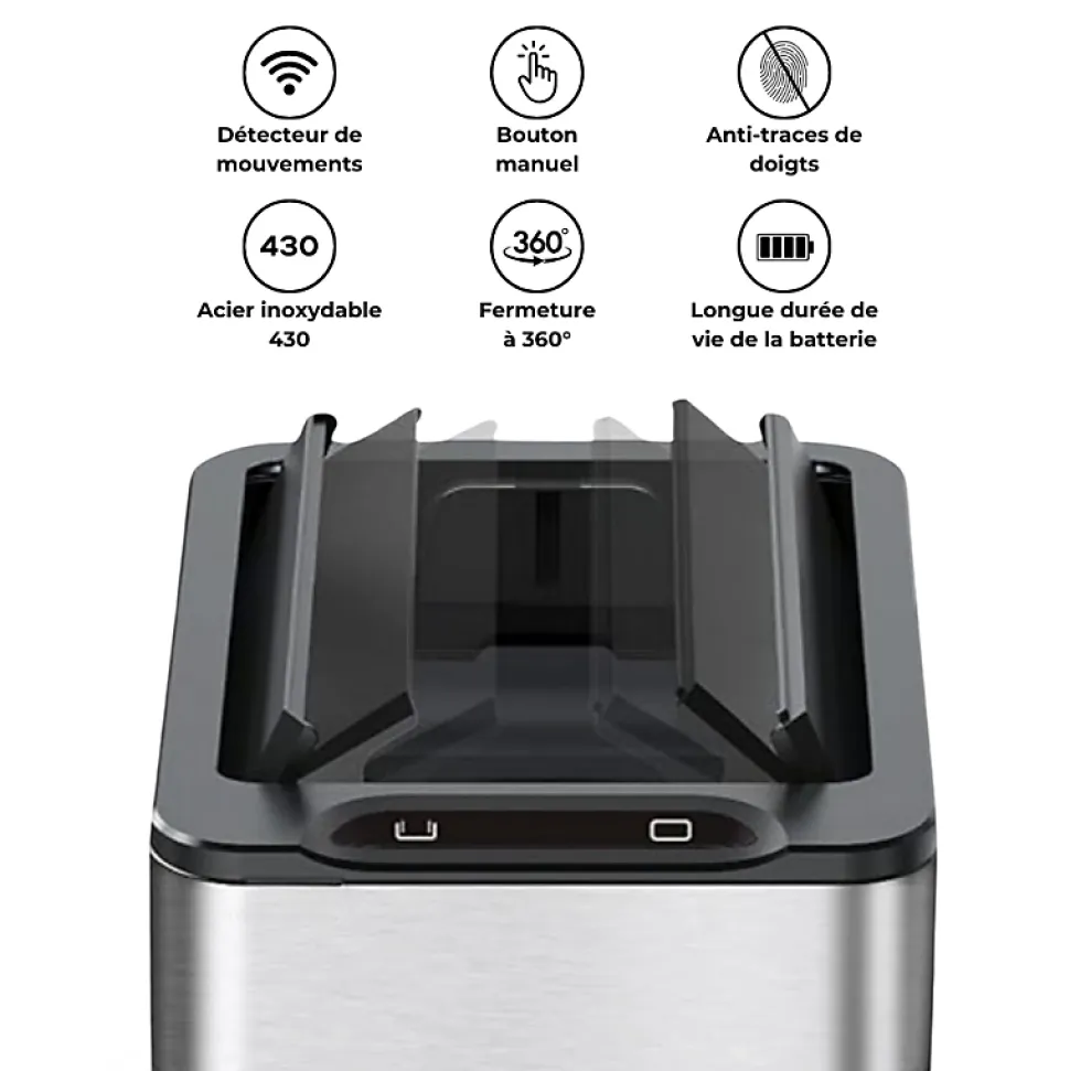 Poubelle cuisine automatique latérale - Ouverture papillon - Inox SS304 - 60L - Piles ou batterie