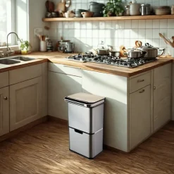 Poubelle cuisine automatique de tri à 4 compartiments - 60L - Inox SS304 - Piles ou batterie