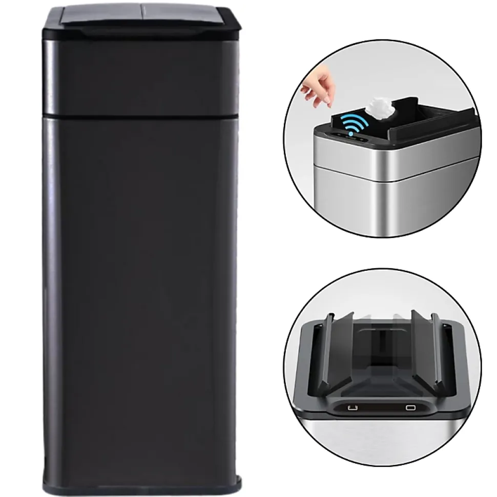 Poubelle cuisine automatique latérale - Ouverture papillon - Noir mat - 60L - Piles ou batterie