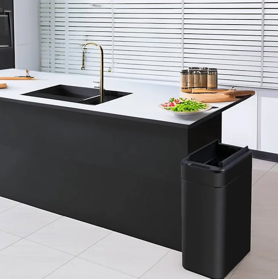 Poubelle cuisine automatique latérale - Ouverture papillon - Noir mat - 60L - Piles ou batterie