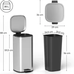 Poubelle cuisine 30L - poubelle à pédale - seau intérieur amovible - acier inox brossé