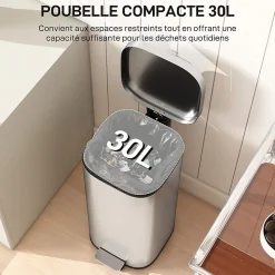 Poubelle cuisine 30L - poubelle à pédale - seau intérieur amovible - acier inox brossé