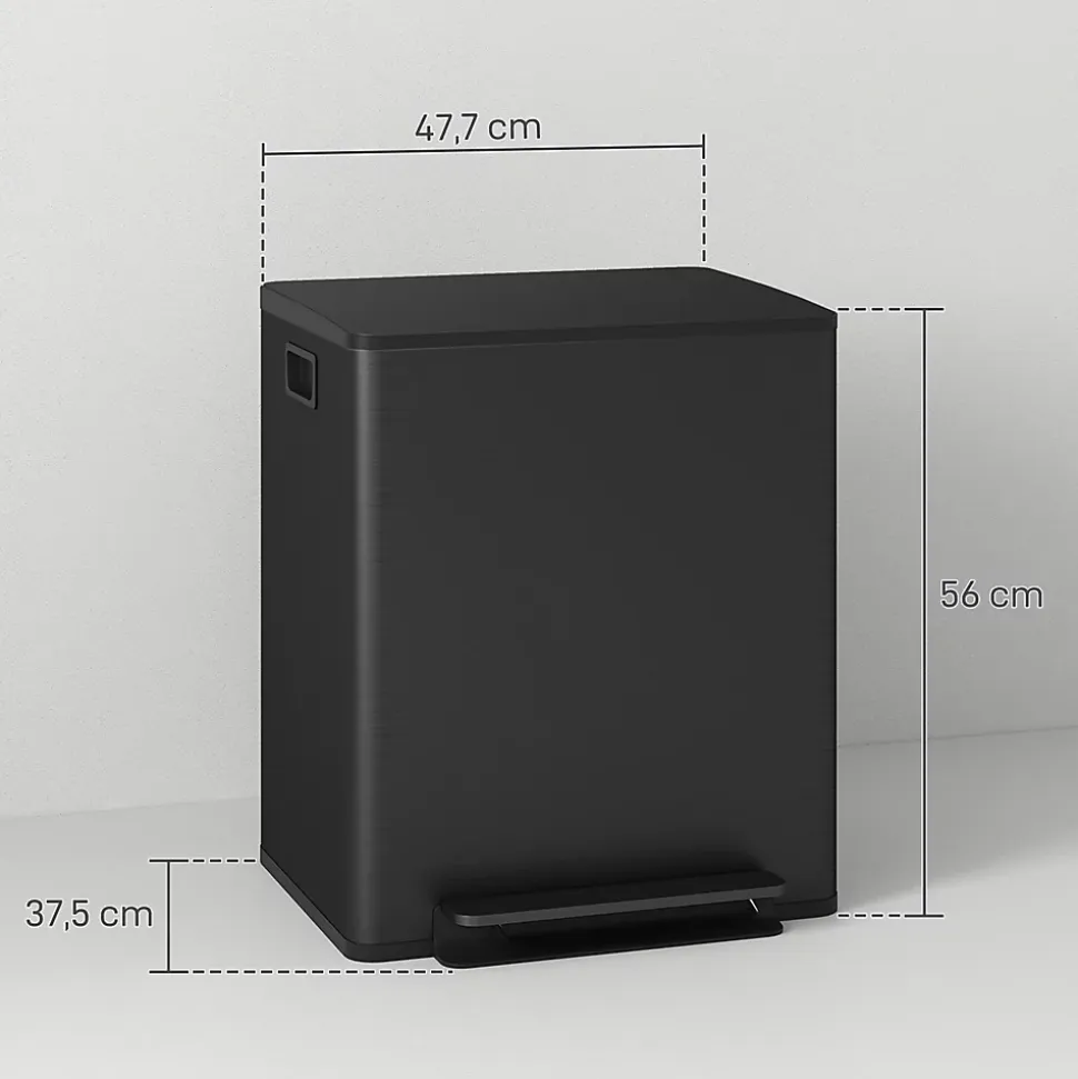 Poubelle de cuisine à pédale 2 compartiments 2 x 25L - seaux amovibles - acier inox. noir mat