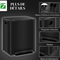 Poubelle de cuisine à pédale 2 compartiments 2 x 25L - seaux amovibles - acier inox. noir mat